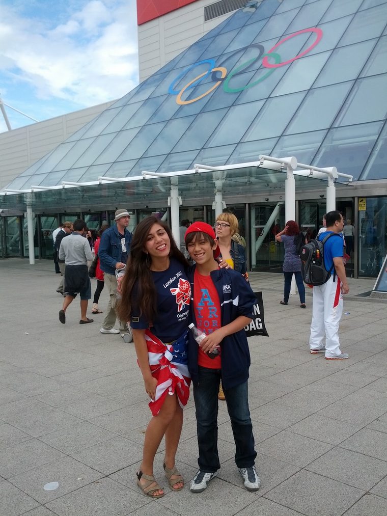 Veronica and a young Mitchell outside a London 2012 Olympics venue